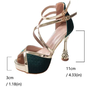 Green velvet high heel sandals with gold metallic cross straps and 11cm stiletto
