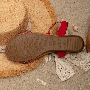 Red Bohemian beaded flat sandals with non-slip sole for summer beach wear