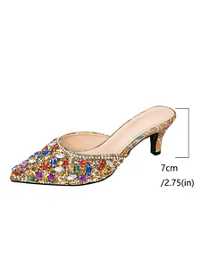 Detail view of colorful rhinestone pointed toe kitten heel mules with 7cm heel