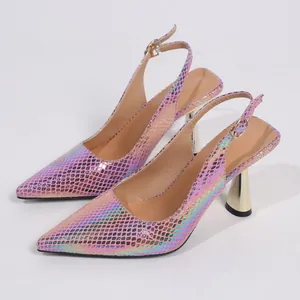Pink holographic snakeskin slingback high heels with gold tapered heels