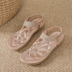Bohemian Rhinestone Flat Sandals For Women Summer Beach T-Strap Flip Flops Braided Metallic Ring Casual Sandals Dress Shoes