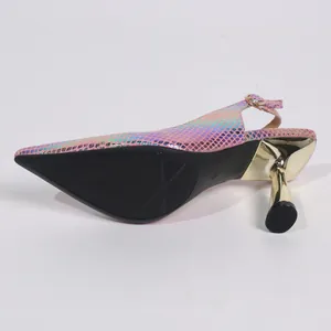 Fashionable iridescent pink snakeskin slingback heels with elegant gold metallic heel