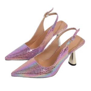 Elegant iridescent pink snake print slingback high heels with metallic gold-tone spool heel