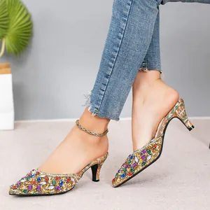 Women's Pointed Toe High Heel Sandals 7cm Stiletto Colorful Rhinestone Mules Patterned Fabric Wedding Party Dress Shoes