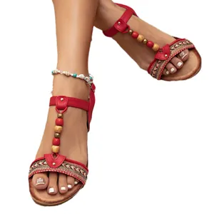 Bohemian style red beaded summer sandals for women featuring ethnic pattern straps and beads