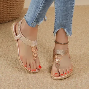 Elegant rose gold Bohemian beach sandals with sparkling rhinestones and flat sole for women