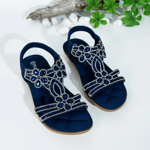 Elegant Bohemian navy blue flat sandals with sparkling blue rhinestone floral decor