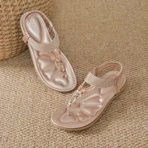 Elegant rose gold Bohemian thong sandals with rhinestones and elastic strap