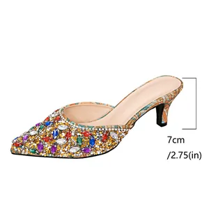 Elegant pointed toe rhinestone sandals with 7cm high heel and colorful jewel details