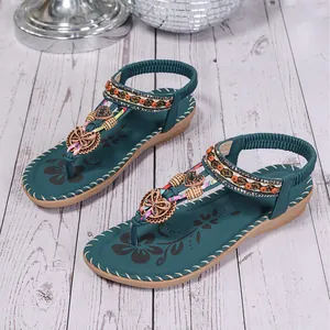 Stylish Bohemian flat sandals for women with rhinestone butterfly and bead accents
