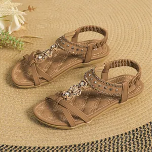 Elegant brown bohemian flat sandals for women with rhinestones and floral details