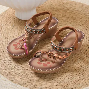 Bohemian beaded platform sandals with heart charms and floral patterns for beach