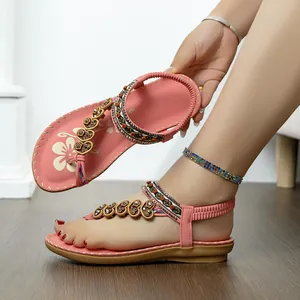 Bohemian ethnic pink flat sandals with elegant beaded rhinestones and elastic back strap