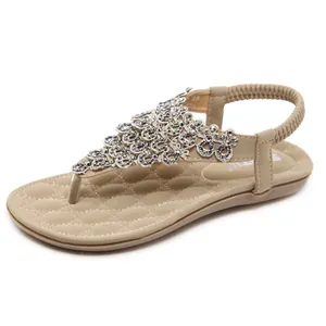 Sandalias Planas Bohemias para Mujer con Strass Bordado a Mano Sandalias de Playa en T Transpirables de PU Zapatos de Verano Chanclas Estilo Étnico