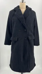 Detailed view of women's black long sherpa coat featuring lapel collar and double-breasted buttons