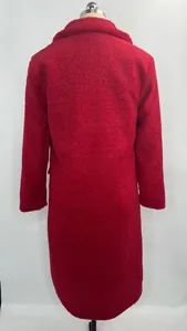 Back view of a long-sleeved red plush teddy coat for women featuring a warm lapel collar