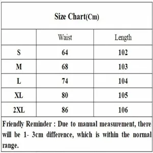 Detailed size chart for women's ice silk trousers showing waist and length measurements