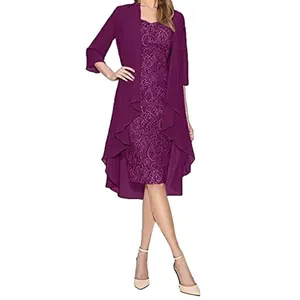 Elegant purple lace two-piece dress set with matching long cardigan for formal parties