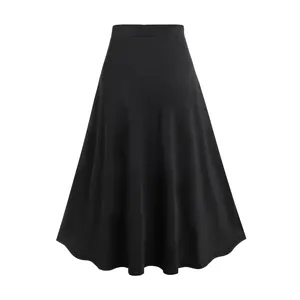 Full view detail of a black high-waisted A-line midi skirt with a curved hemline