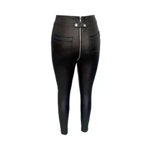 Close-up back view of black PU leather leggings featuring a distinctive full-length zipper