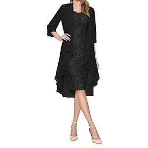 Elegant two-piece black lace dress set with long sleeve ruffled cardigan for women