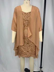 Elegant two-piece set featuring a floral lace dress and a matching sheer chiffon cardigan