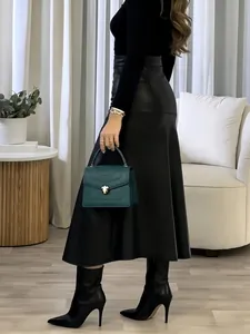 High waisted black PU leather mid-length flare skirt for women's elegant fashion