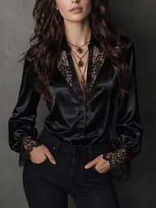 Women Elegant V-Neck Blouse Lace Patchwork Puff Long Sleeve Shirt Polyester Chiffon Solid Color Niche Design Top