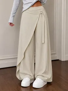 Women High Waist Wide Leg Pants Elegant Asymmetric Wrap Front With Metal Buckle Polyester Solid Color Straight Leg Trousers Bottom