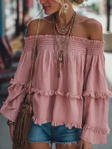 Dames Off-shoulder Ruffle Lange Mouw Polyester Top Casual Losjes Roze Blouse Effen Kleur Boheemse Mode Lente T-Shirt