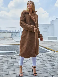Close-up detail of the plush texture on this brown lapel long sleeve teddy fleece coat