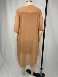 Back view of elegant plus size two-piece dress set with sheer chiffon and lace details