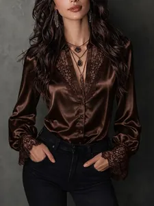 Elegant dark brown satin blouse for women with lace V-neck and bubble sleeves