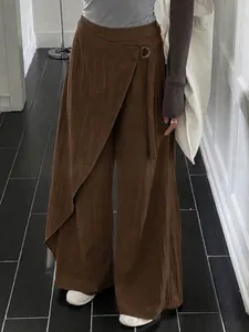 High waist brown wide-leg pants with stylish wrap design for women
