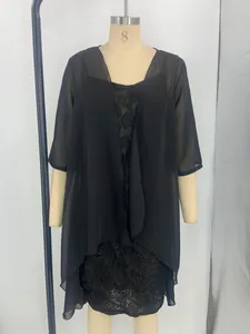 Elegant black two-piece dress set featuring a lace floral inner dress and chiffon cardigan