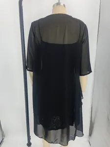 Elegant black two-piece dress set with sheer chiffon cover and lace detail back