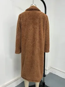 Rear view of a long brown teddy fleece coat for women featuring a plush texture.