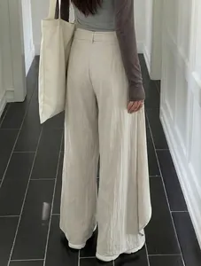 Elegant high-waist wide-leg trousers in beige with a loose straight-leg draping fit