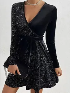Elegant Women V Neck Long Sleeve Sequin Patchwork Velvet Midi Dress Fashion Loose Fit Party Evening Bodycon Wrap Dress