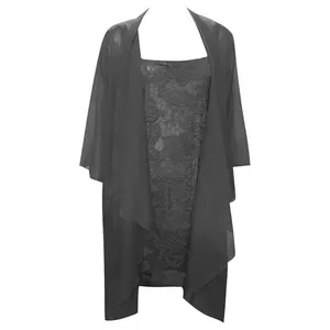 Elegant black two-piece lace party dress set with matching sheer chiffon cardigan wrap
