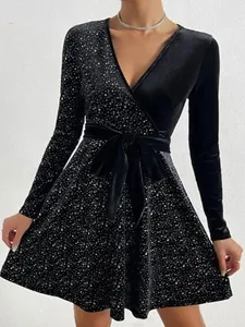 Elegant black long sleeve V-neck sequin velvet mini dress with adjustable waist tie