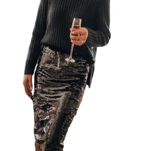 Elegant black sequin midi skirt for women featuring a sparkling slim fit party design