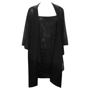 Elegant black lace dress with matching sheer chiffon shawl two-piece set for evening parties