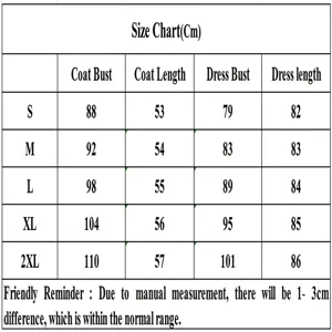 Detailed size chart in centimeters for women's long sleeve coat and dress ensemble set