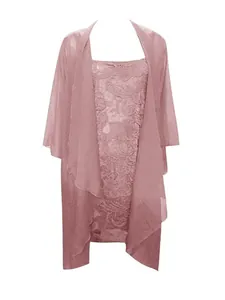 Elegant dusty rose two-piece dress set featuring intricate lace and sheer shrug