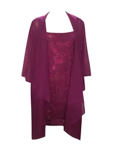 Detail of elegant plum purple two-piece set featuring lace dress and chiffon cardigan