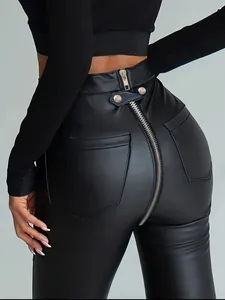 Sexy high waist black PU leather skinny pants for women with full back zipper detail