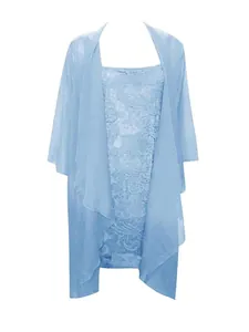 Elegant light blue two-piece dress set featuring floral lace and a sheer chiffon cardigan