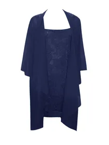 Elegant navy blue two-piece set featuring a floral lace dress and matching chiffon wrap