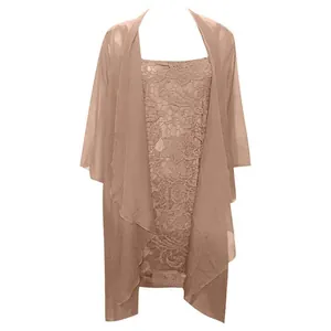 Detail view of an elegant lace dress set with matching sheer chiffon shawl.